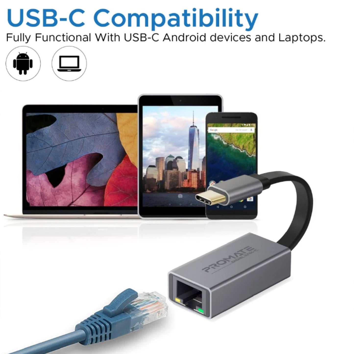 Promate GigaLink-C Ultra-Fast USB-C to Gigabit Ethernet Network Adapter 10/100/1000Mbps RJ45 Gigabit (gigalink-c)