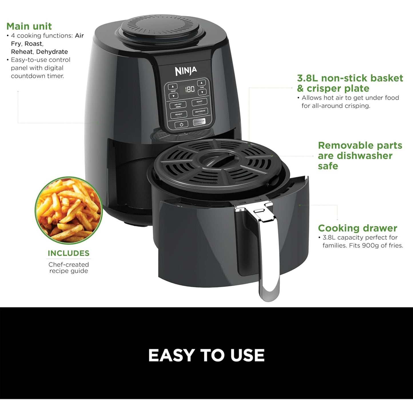 Ninja Air Fryer with 4 Cooking Functions, Air Fry, Roast, Reheat, Dehydrate (AF100ME)