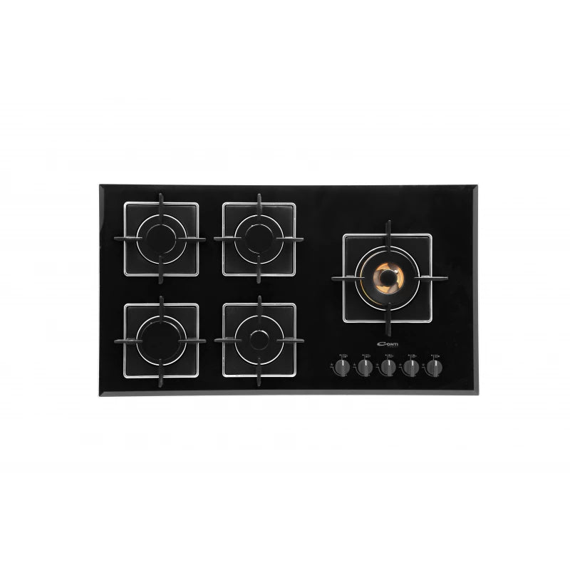 Conti Black Glass Gas Hob, 5 Burners with Defendi Triple Brass Burner, Heavy Cast Iron Pan Supports, One-Hand Auto Ignition, Safety Valve – Premium Italian Quality and Modern Kitchen Design 90 cm