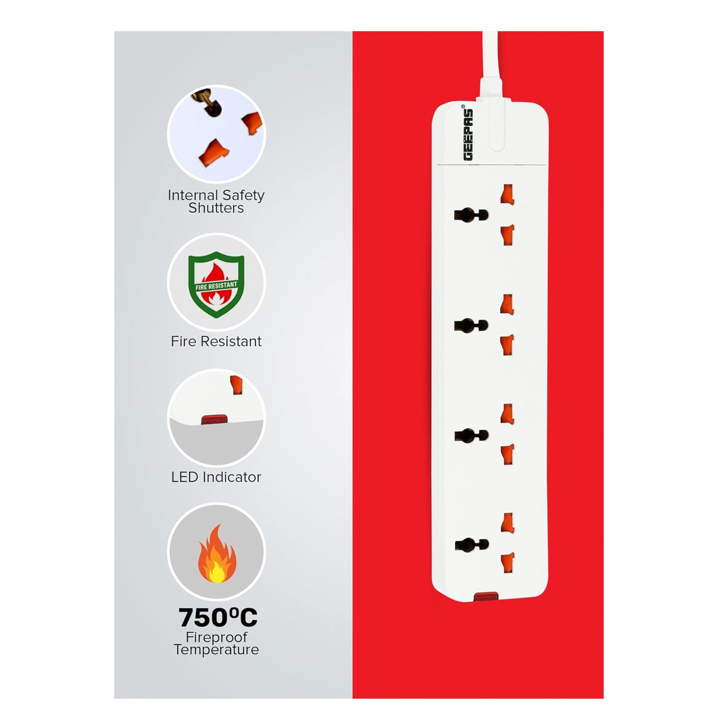 Geepas 4 Way Extension Socket 13A - Extension Strip With Led Indicators (GES58012)
