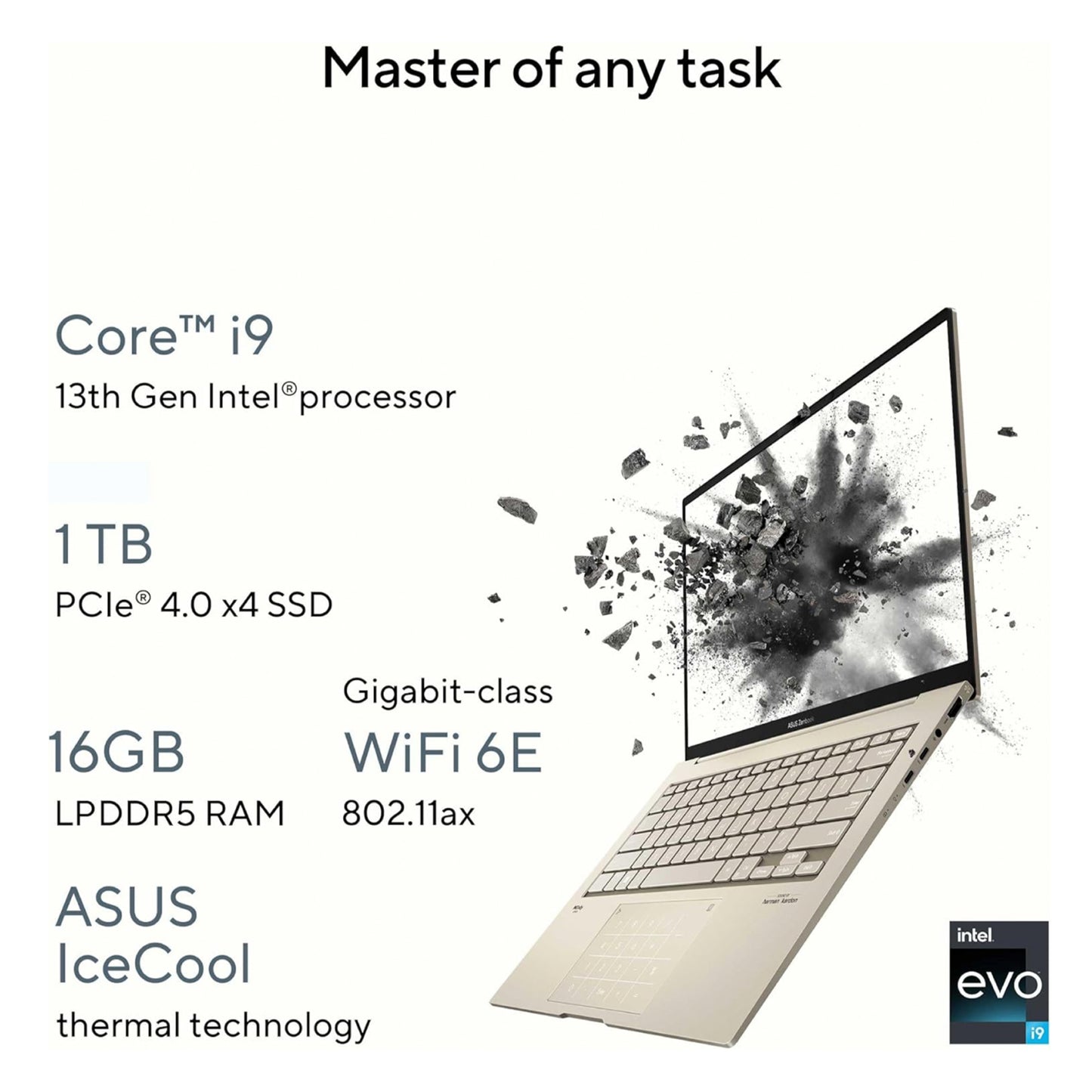 ASUS Zenbook 14X OLED Intel Evo™ Platform Core i9-13900H Processor 14-cores 16GB LPDDR5 14.5" 2.8K 120Hz VESA CERTIFIED Display HDR With Windows 11 Home - Sandstone Beige(UX3404VA-M9264WS)