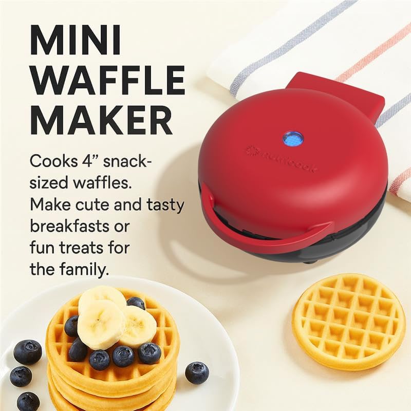 Nutricook Mini Waffle Maker 10cm Healthy Ceramic Coating for Belgian Waffles Quick Heat-Up, Compact Waffle Maker for Home, Kids, and Travel – Easy to Clean,red, 2 yrs warranty, NC-WM100R