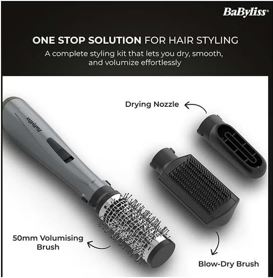 BaByliss 1000W Air Styler Hair Dryer, Ionic Frizz Control, 3 Styling Attachments, 50mm Volumising Brush, Blow Dry Brush, Drying Nozzle, Cool Shot AS261SDE Dark Grey