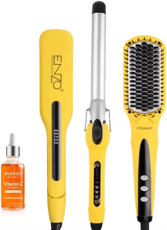 ENZO EN-3955W 3-in-1 Platinum Collection Hair Styling kit - Versatile Hot Air Brush, Straightener, and Curling Iron with Platinum Ceramic Technology-Intl Version (YELLOW)