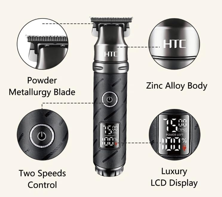 HTC AT-560 Professional Hair Clipper for Men – Heavy-Duty Zinc Alloy Body, Powder Metallurgy Blades, Cordless Use, LED Display, Rechargeable Electric Trimmer for Barbers & Home Use