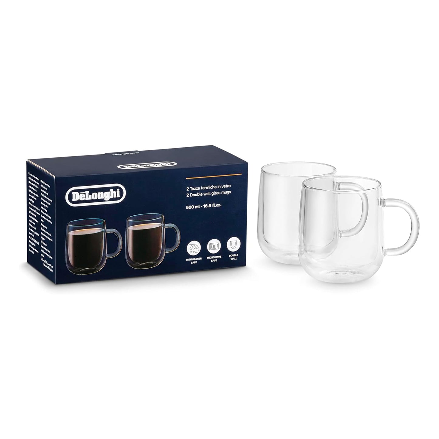 De'Longhi Double Wall Glass Mug, (500ml 16.9oz) Set of 2 (DLSC327)