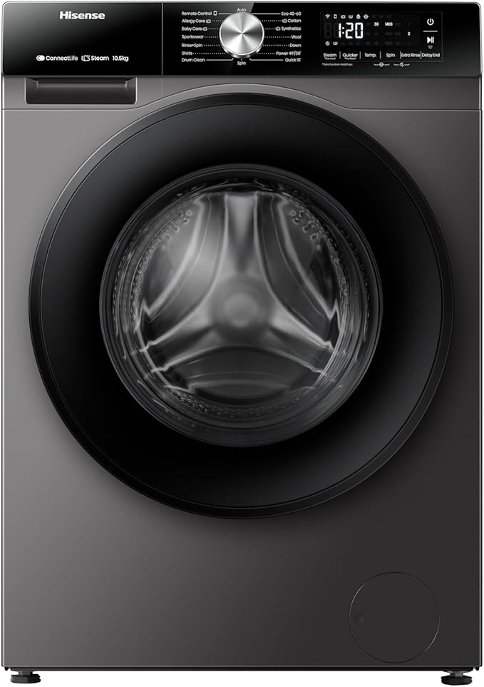 Hisense WF3S1043BT 3S Series 10 Kg Washing Machine with Inverter Motor, Smart WiFi, AI Super Wash Technology, 1400 RPM, Smart Energy Monitoring, 15 Programs, Titanium Grey