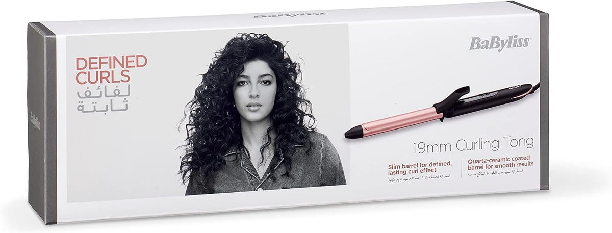 BaByliss Rose Quartz 19mm Curling Tong | Advanced Ceramics Ultra-Fast Heat Up Hair Curling Iron | Non Ionic 2.5m Swivel Cord | 6 Heat Settings From 160°C-210°C With Auto Shut Off | C450SDE (Rose Gold)