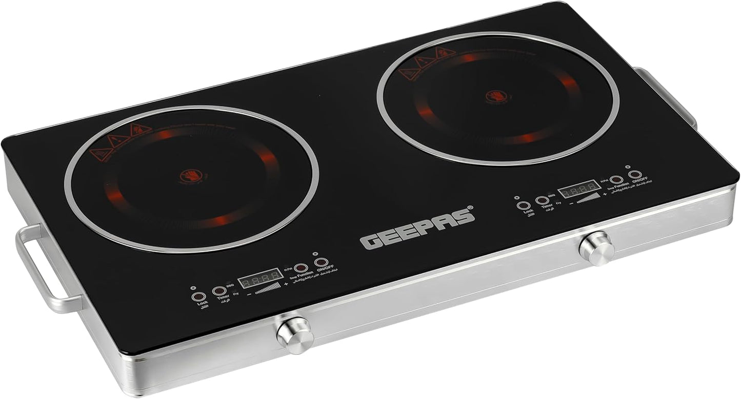 Geepas GIC6131N Digital Infrared Cooker – Double Hob, 3000W (1800+1200) with Touch & Knob Control
