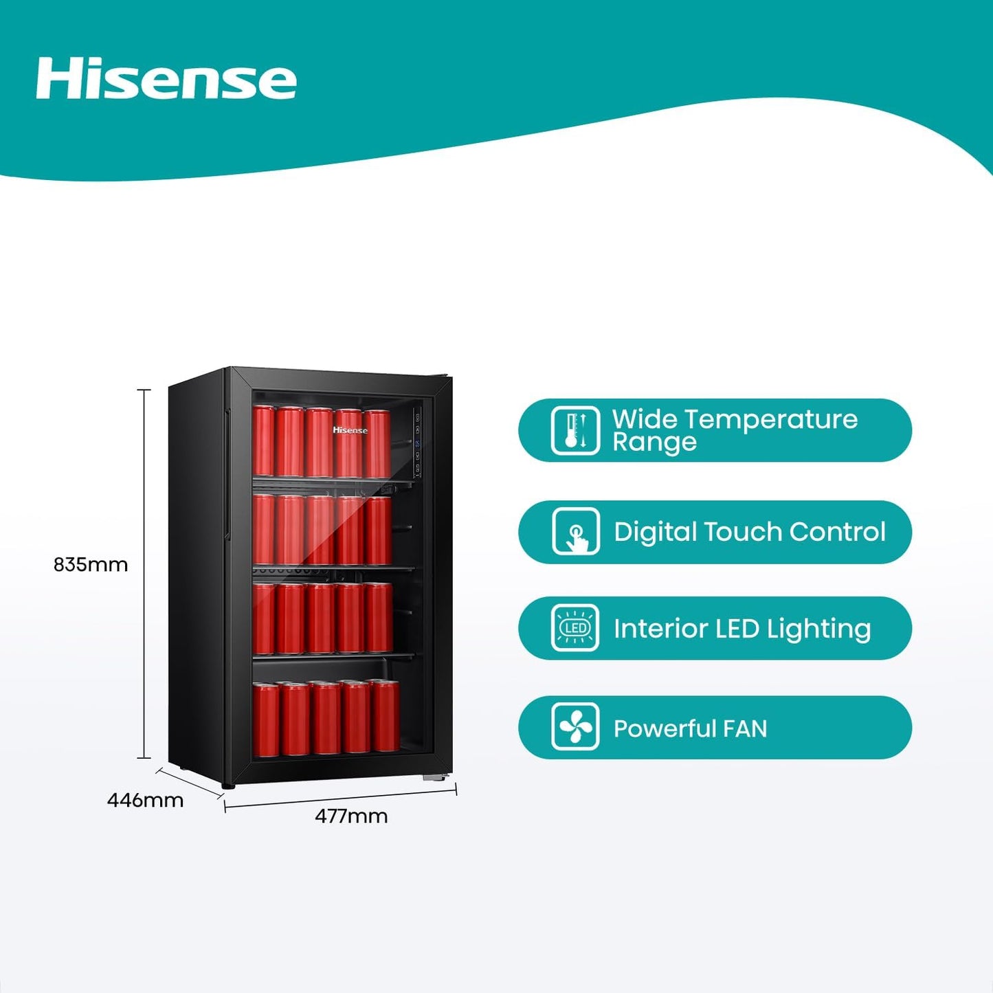 Hisense 122 Liter Chiller Single Door Beverage Cooler, Color Black, With LED Light, Digital Touch Control, Glass Door, Model RBC122N4ASU -1 Years Full & 5 Years Compressor Warranty.