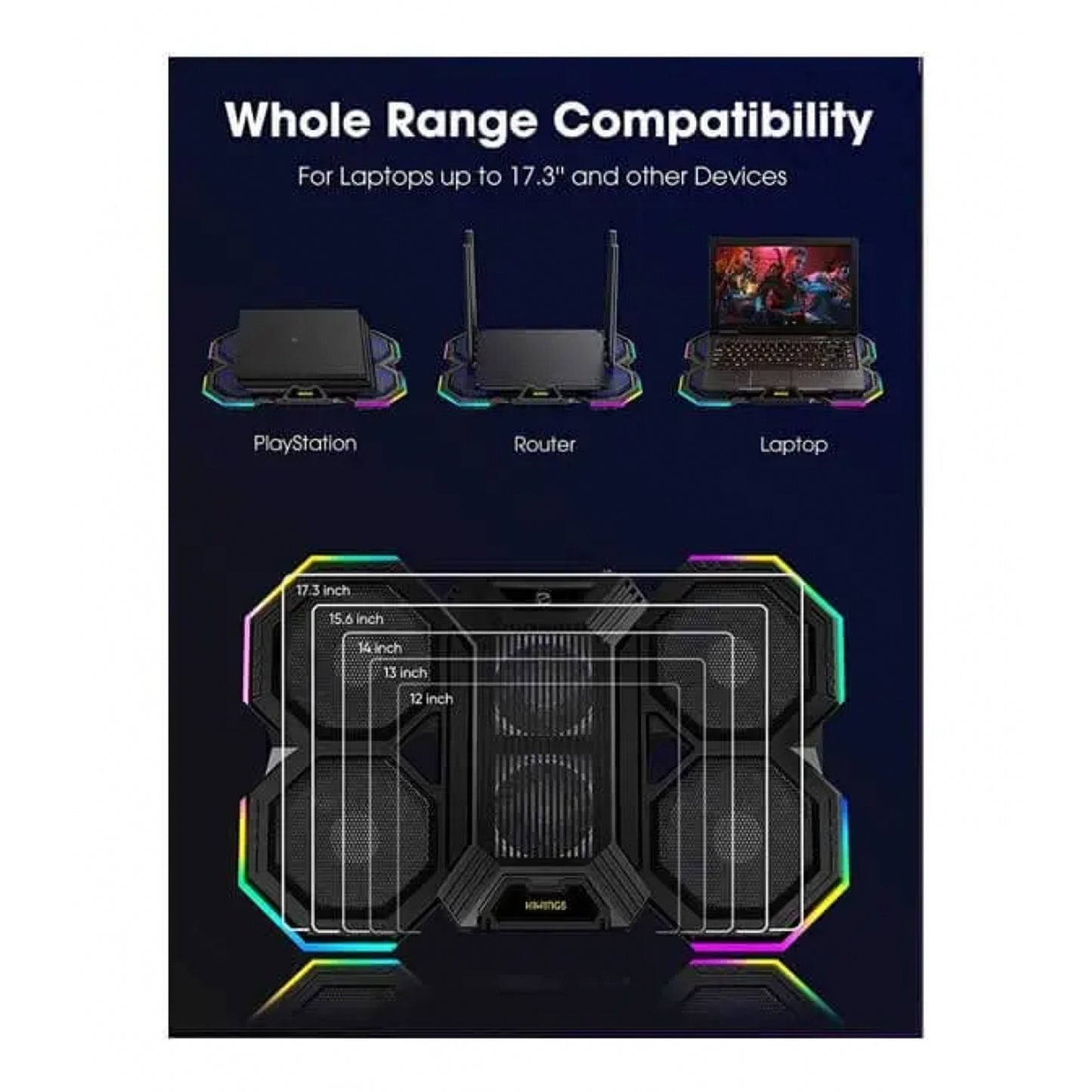 F12 Dazzle Mute Super Cyclone RGB Laptop Cooling Pad, Gaming Laptop Cooling Stand With Dual USB, Six Height-Adjustable Fans, Extra iPad/Phone Stand For 11 to 16" Laptops