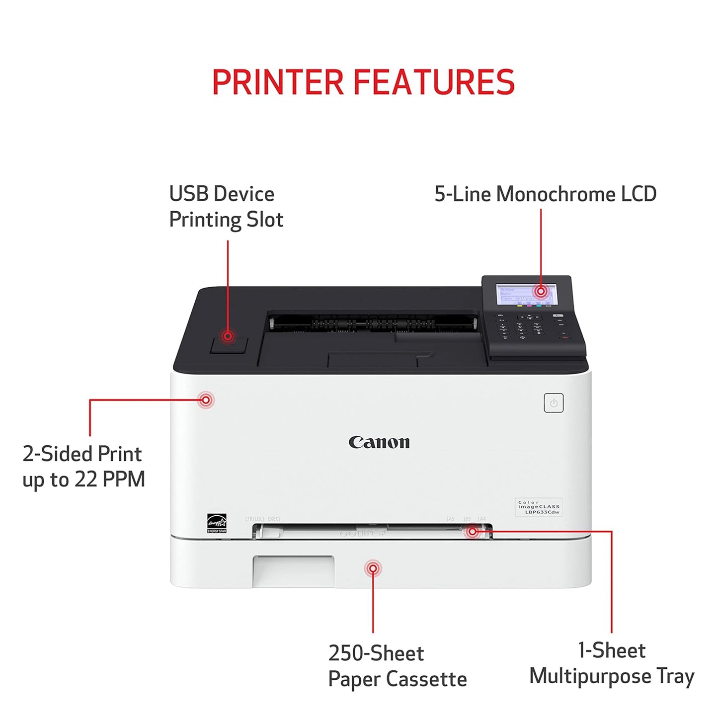 Printer Canon Color imageCLASS LBP633Cdw Wireless & Network Laser Printer, Normal Quality, A4/US Letter 21 ppm, Duplex Printing - 3 Year Warranty