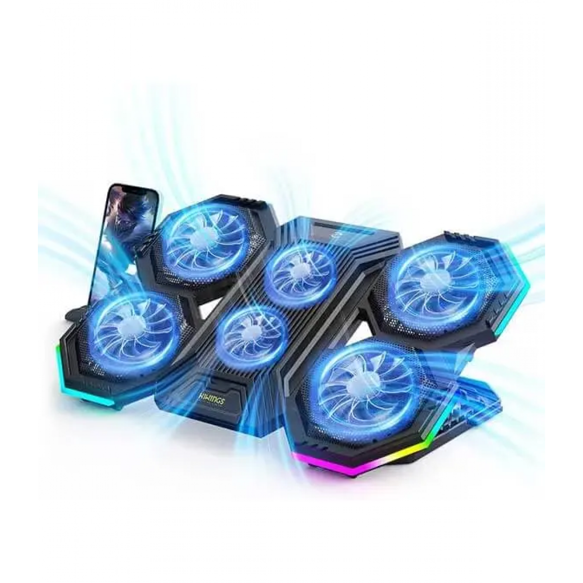 F12 Dazzle Mute Super Cyclone RGB Laptop Cooling Pad, Gaming Laptop Cooling Stand With Dual USB, Six Height-Adjustable Fans, Extra iPad/Phone Stand For 11 to 16" Laptops