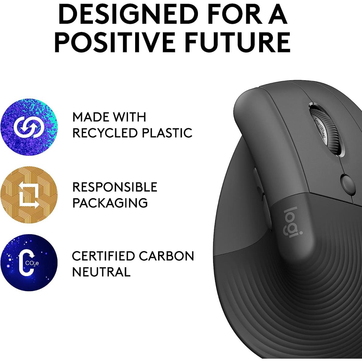 Logitech Lift Vertical Ergonomic Mouse, Wireless, Bluetooth or Logi Bolt USB receiver, Quiet clicks, 4 buttons