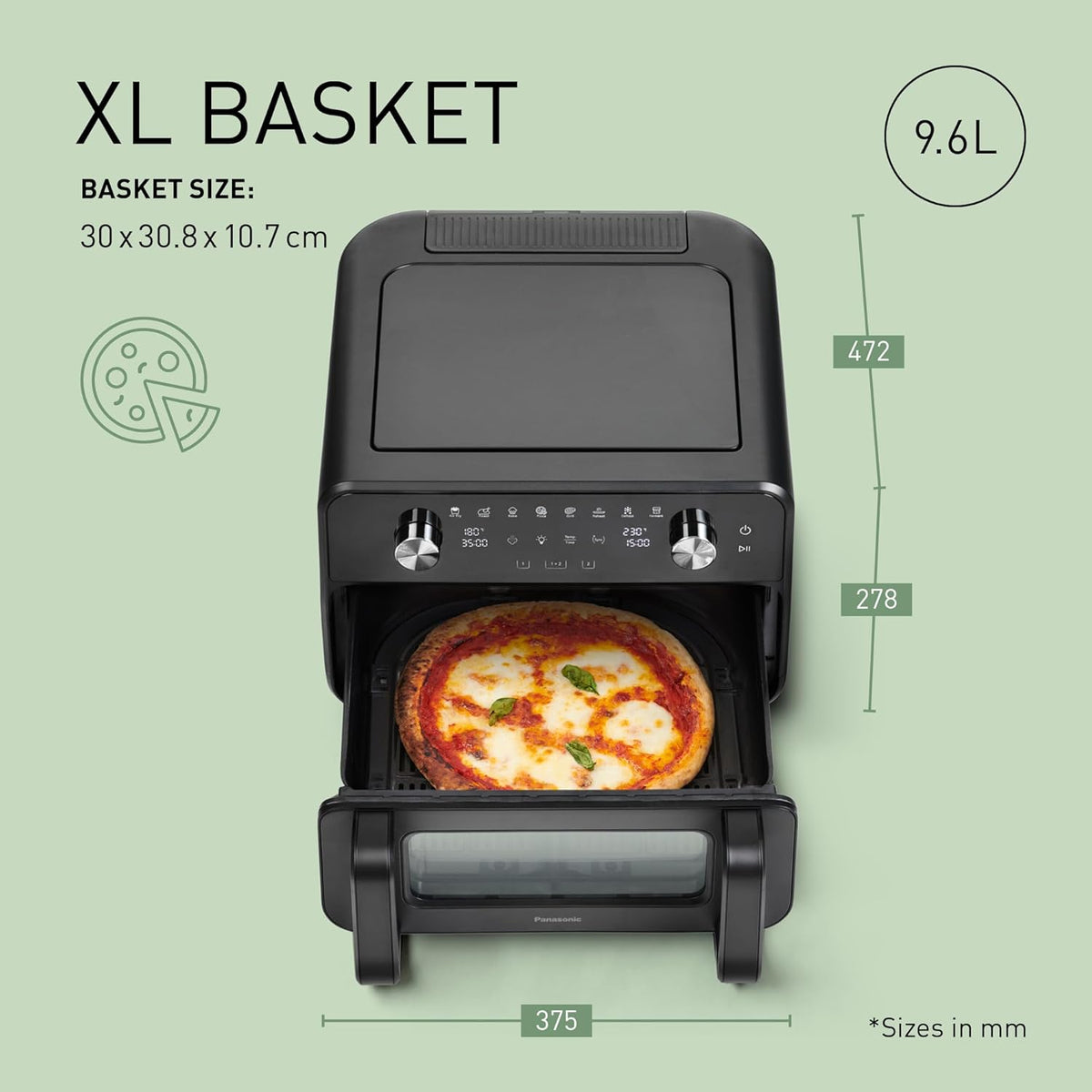 Panasonic NF-BC1000 Flex Air Fryer with Viewing Window, XL Flexible Basket, Basket Divider, 9.6L, 30°-230°C, Gentle Steam, 8 Presets, Easy Clean, Black
