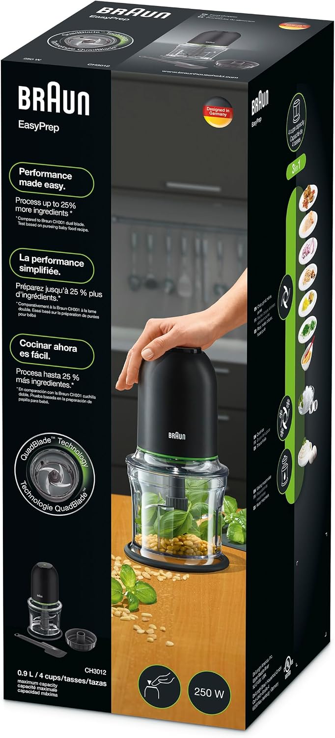 Braun MultiPractic 3 CH3011BK, Chopper with 4 Stainless Steel Blades, One Push Function, Ice Crusher, Dishwasher Safe, 500W, Black