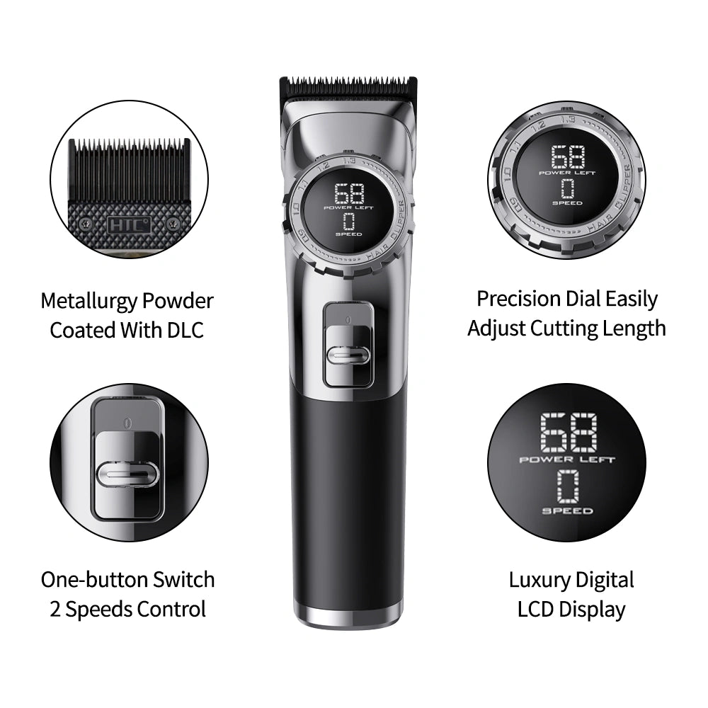 HTC AT-799 Watch Display Adjustment Dial Design Hair Clipper Professional Barber Use Powder Metallurgy Blade Hair Trimmer