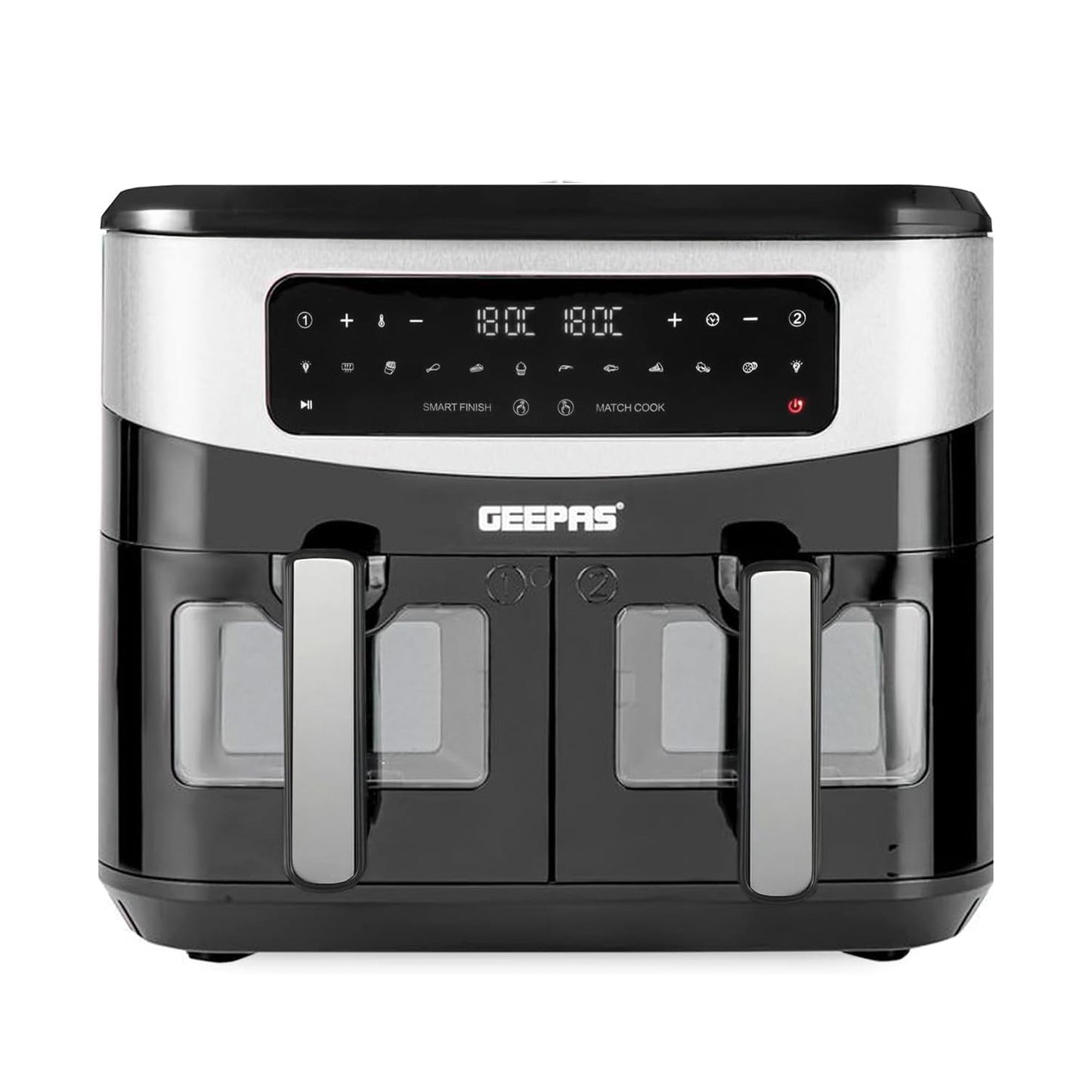 GEEPAS Dual Zone Digital Air Fryer with Visual Window | 9L XL Capacity 2 Drawers 10-In-1 Cooking Presets | Touch Screen Smart Finish Timer Function Dishwasher-Safe Healthy Oil Free & Low Fat Cooking