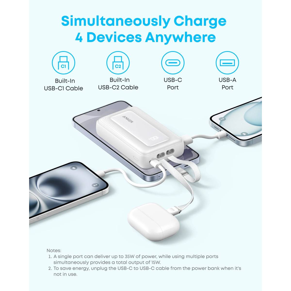 Anker Zolo Power Bank 10000mAh 35W with Built-in Dual USB-C Cables A1680 (Blue) - 18 Month Warranty