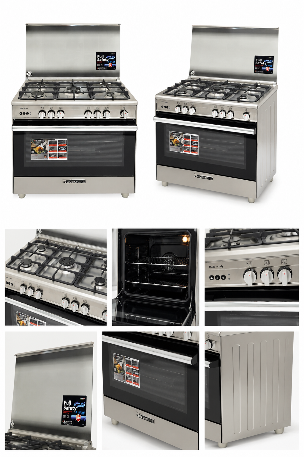 Glem Gas Specialista SB 90cm Stainless Steel Freestanding Gas Cooker with 5 Burners 106L Oven Fan AirFryer Full Safety – SB9612RIFSG AF