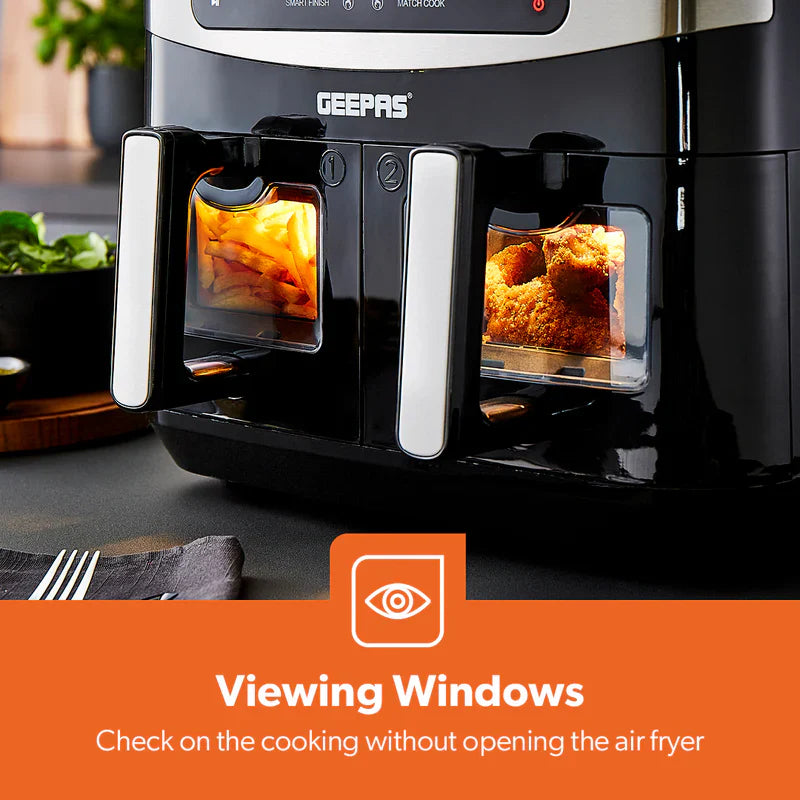 GEEPAS Dual Zone Digital Air Fryer with Visual Window | 9L XL Capacity 2 Drawers 10-In-1 Cooking Presets | Touch Screen Smart Finish Timer Function Dishwasher-Safe Healthy Oil Free & Low Fat Cooking