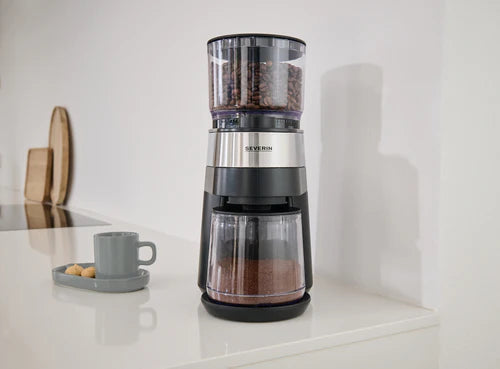 Severin coffee grinder for balanced grinding, 30 grind settings, removable bean container, 140W, stainless steel