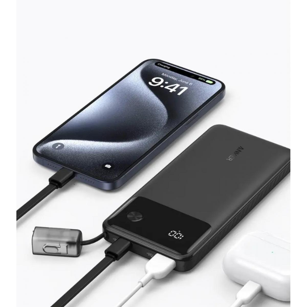 Anker Power Bank Power-core 10000mAh 22.5W Portable Charger with USB C Lanyard Cable A1388 (Black) - 18 Month Warranty