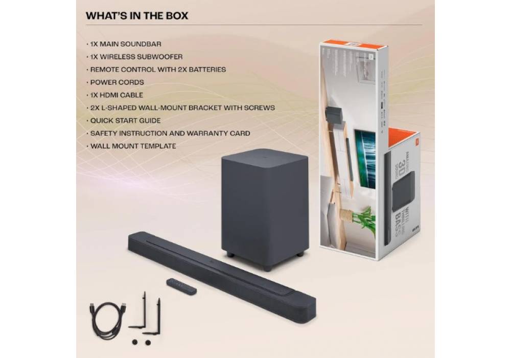 JBL Sound Bar Cinematic Dolby Atmos® 3D Surround Sound Technology 5.1-Channel Surround Sound System Total 590 Watts 10" Wireless subwoofer PureVoice Dialogue Enhancement Technology With MultiBeam