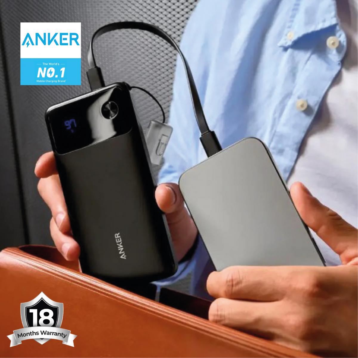 Anker Power Bank Power-core 10000mAh 22.5W Portable Charger with USB C Lanyard Cable A1388 (Black) - 18 Month Warranty