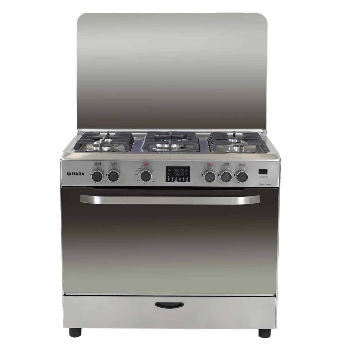 Nara Gas Cooker 90 cm 5 Gas Burners Matt Stainless steel Cast Iron Pan Support With Cooling Fan