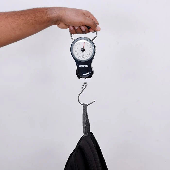 Geepas Portable Hanging Scale GLS46510 – 38kg Mechanical Luggage & Fishing Scale with Double Pointer and 1M Tape
