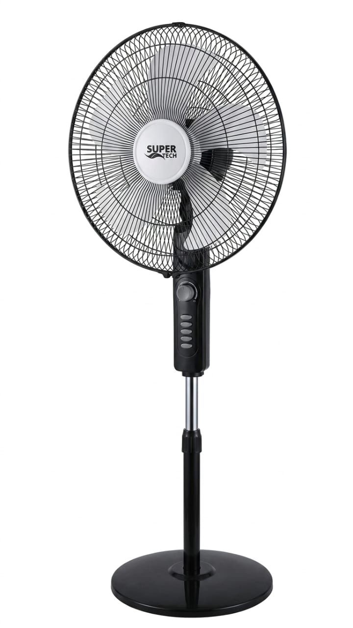 SuperTech 18‑Inch Stand Fan STFS45‑9084 Black – 60W – 5 Metal Blades – 4 Speed