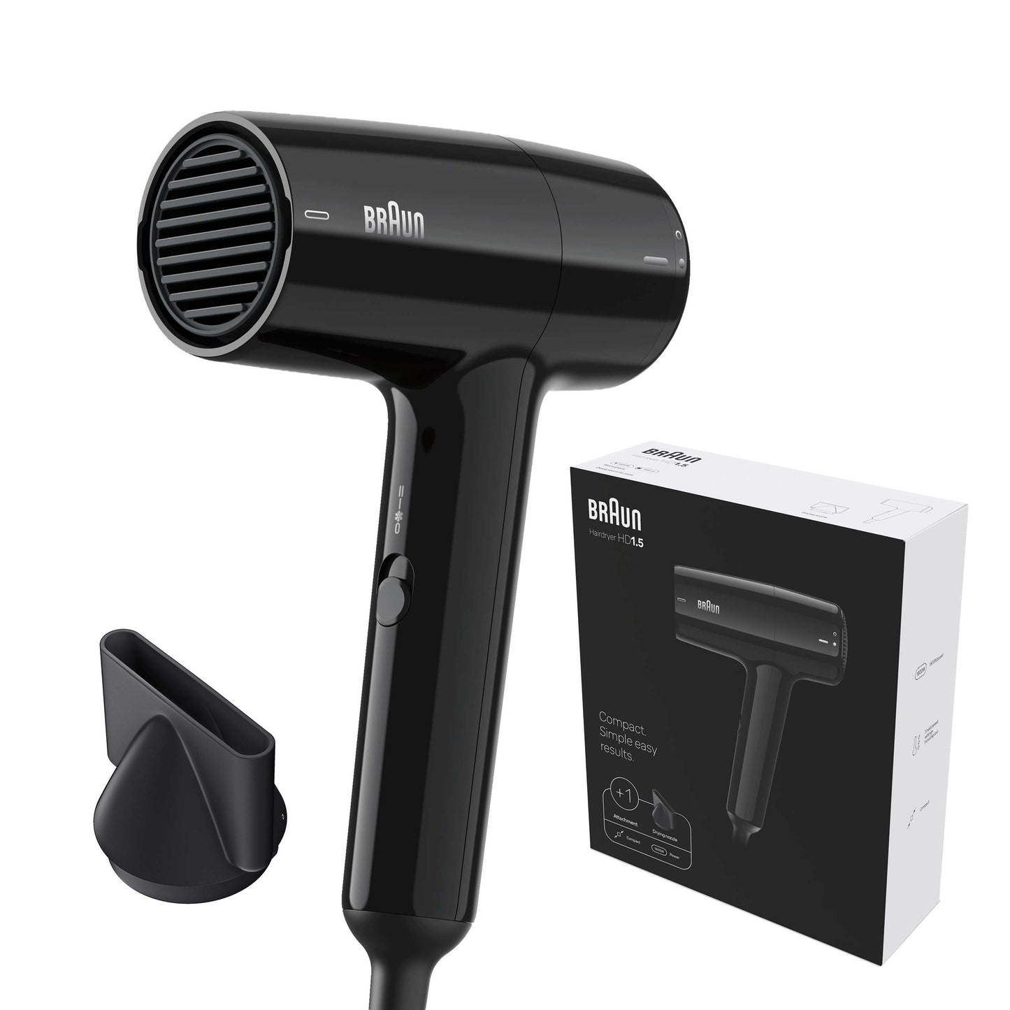 Braun Hairdryer HD1.5 Compact Hair Dryer with Drying Nozzle, 1800W, Black Gloss - BRHD150SDE