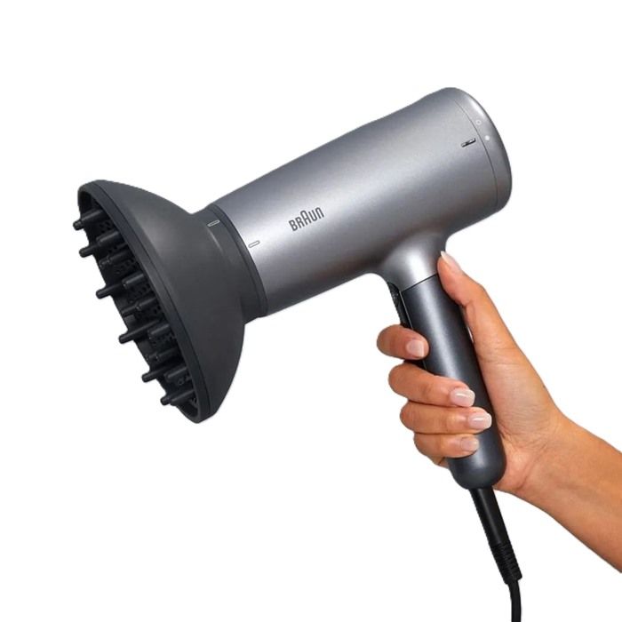 Braun Hairdryer HD4.3, Hair Dryer, HTDC Motor, 2200 Watts, +3 Attachments, Large Diffuser, Straightening Comb, HTDC Motor, Electronic LED Indicator, Super Ionic Function, Electro Grey - BRHD435SDE