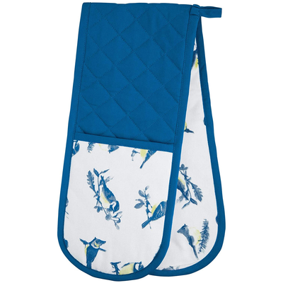 KitchenCraft Double Oven Gloves, Blue Birds Printed Pattern, 100% Cotton, White / Blue, 87 x 18 cm
