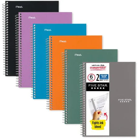 NEW Mead Five Star 2 Subject College Ruled Spiral Notebook 100 Sheets - A5