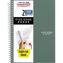 NEW Mead Five Star 2 Subject College Ruled Spiral Notebook 100 Sheets - A5