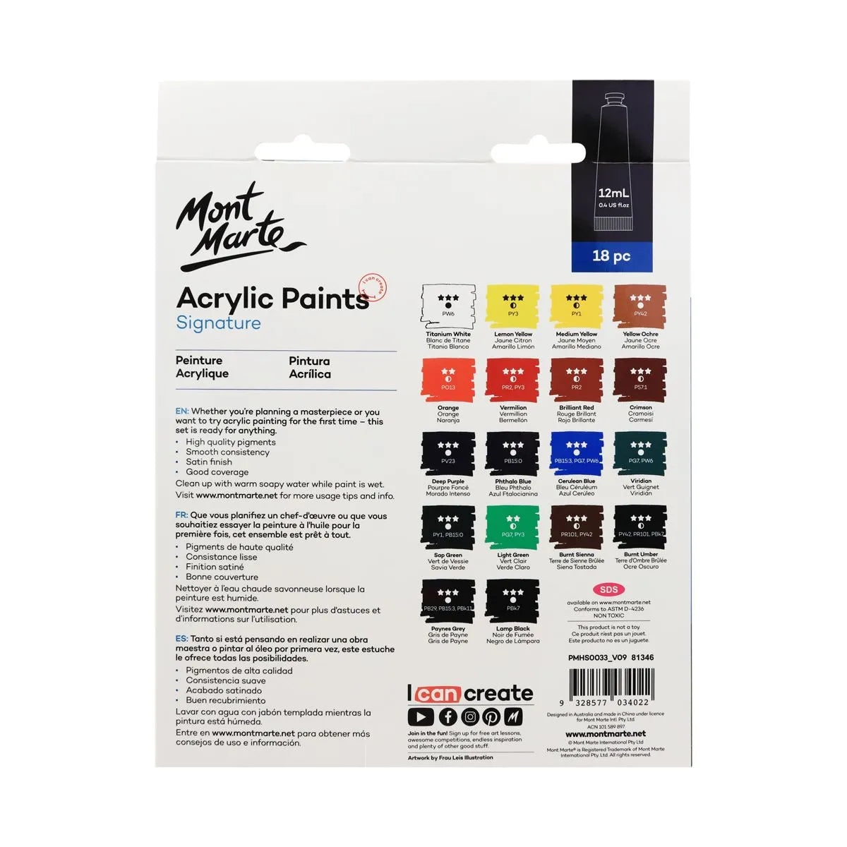 Mont Marte Acrylic Paint Set / 18 x 12ml tubes