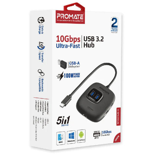 Promate SnapHub-4 4 In 1 Ultra Fast USB 3.2 Hub 4 USB-A Ports 10Gbps Transfer Rate 5V 1A Voltage