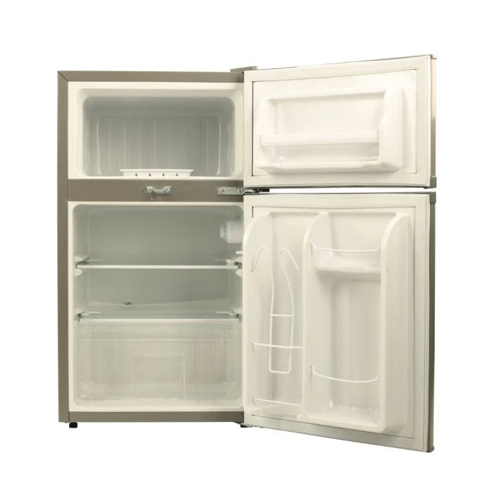 Geepas 84L Double Door Defrost Refrigerator – GRF1259GPE, Rapid Cooling, Tropic Type, CFC-Free, Metallic Grey