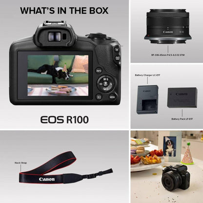Canon EOS R100 Mirrorless Camera RF-S18-45mm F4.5-6.3 is STM Lens Kit, 24.1 Megapixel CMOS (APS-C) Sensor, 4K Video, RF Mount, Black (6052C013AC)