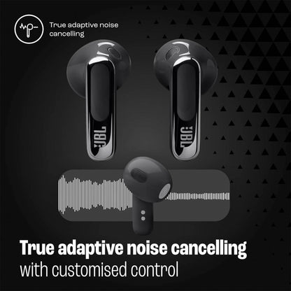 JBL LIVE FLEX 3 True wireless noise-cancelling earbuds with open-stick design and 50 hours total playback plus wireless charging, Black
