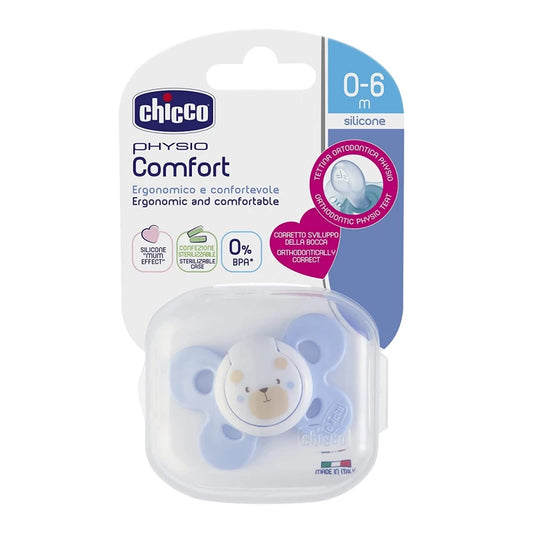 Chicco Physio Comfort Pacifier 0–6 Months Blue, Silicone, BPA-Free, Ergonomic Design, Orthodontic, 1 Piece with Sterilizable Case