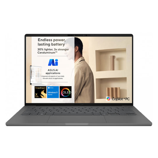 ASUS Zenbook 14 OLED NEW Snapdragon® X Elite X1E 78 100 Processor Qualcomm Adreno GPU 16GB LPDDR5X Huge-Battery 14" FHD+ OLED Windows 11 Home - Iceland Gray (UX3407RA-QD004W)