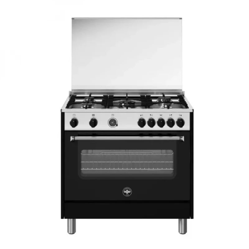 La Germania AMS95C81CN 90cm Gas Cooker with 5 Burners, Heavy Duty Cast Iron Grates, and Sleek Black Finish for Professional Cooking Performance