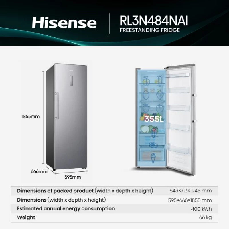 Hisense Upright Fridge 355L Silver, Energy Efficient, Adjustable Shelves