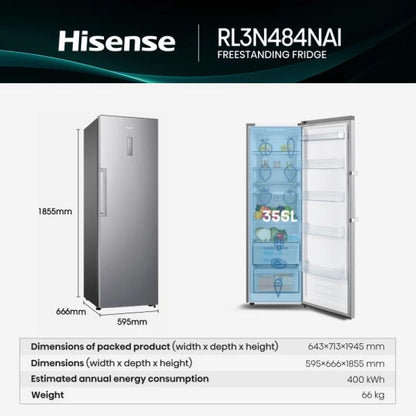 Hisense Upright Fridge 355L Silver, Energy Efficient, Adjustable Shelves