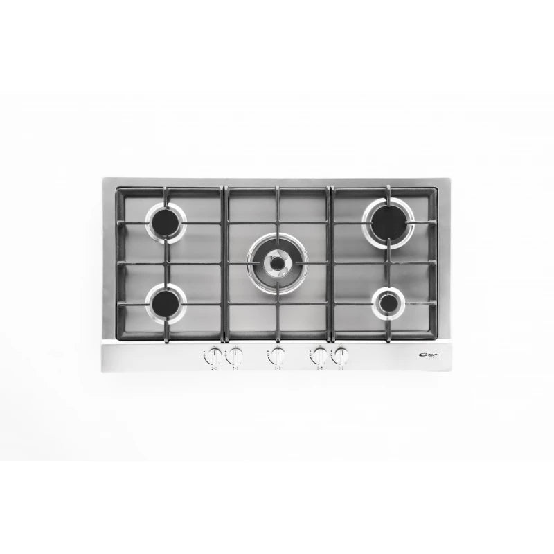 Conti gas hob, 5 burners with high-performance Defendi triple flame, heavy-duty cast iron pan supports, one-hand auto ignition and safety valve, durable stainless steel design, Italian made, 90 cm