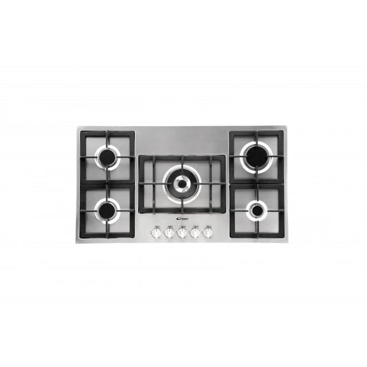 Conti 90cm gas hob, 5 burners with powerful Defendi triple flame, heavy cast iron pot supports, one-hand self-ignition and safety valve, durable stainless steel design, Italian made
