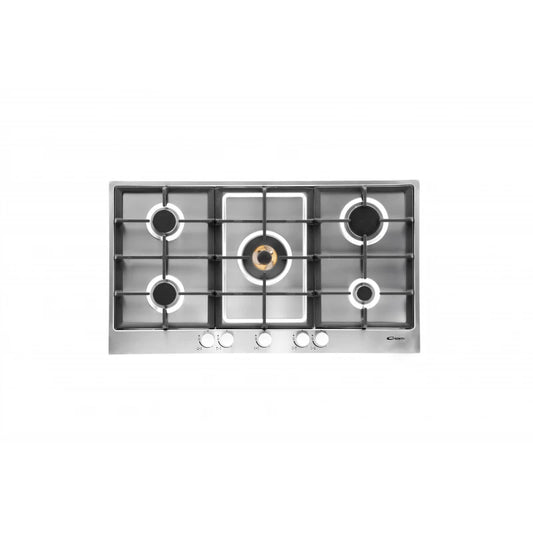 Conti Stainless Steel Gas Hob, 5 Burners with Defendi Triple Brass Burner, Heavy Cast Iron Pan Supports, One-Hand Auto Ignition, Safety Valve, Durable Italian Design – High Performance Cooking Solution 90 cm